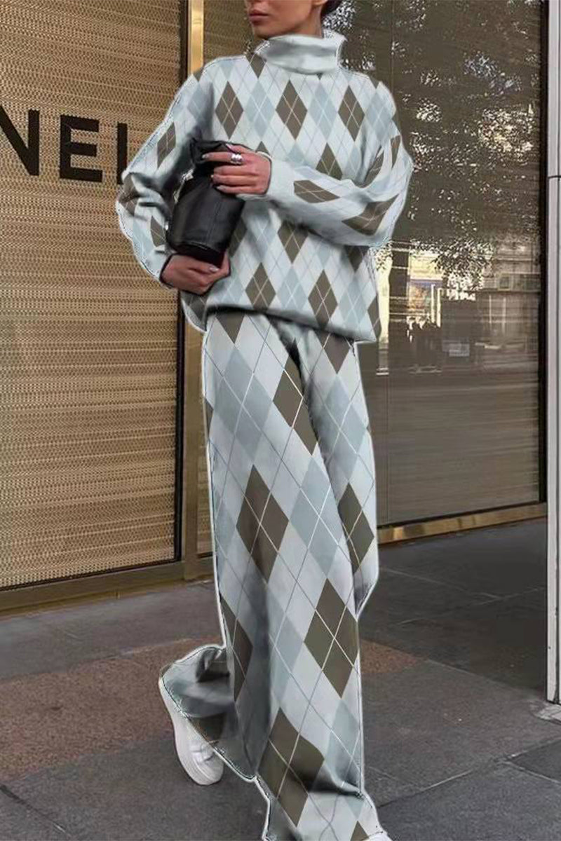 Antmvs Casual Street Print Printing Turtleneck Long Sleeve Two Pieces