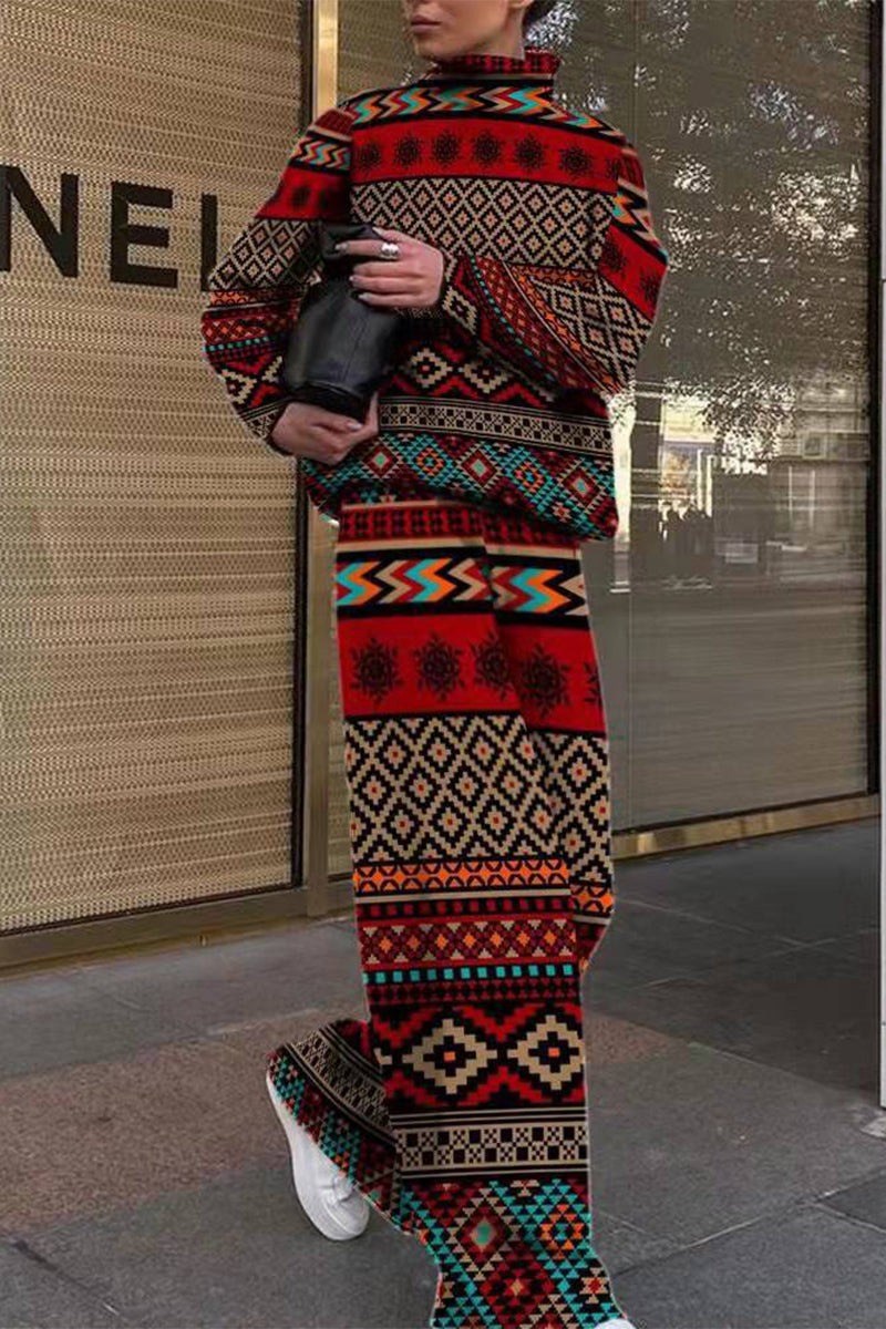 Antmvs Casual Street Print Printing Turtleneck Long Sleeve Two Pieces