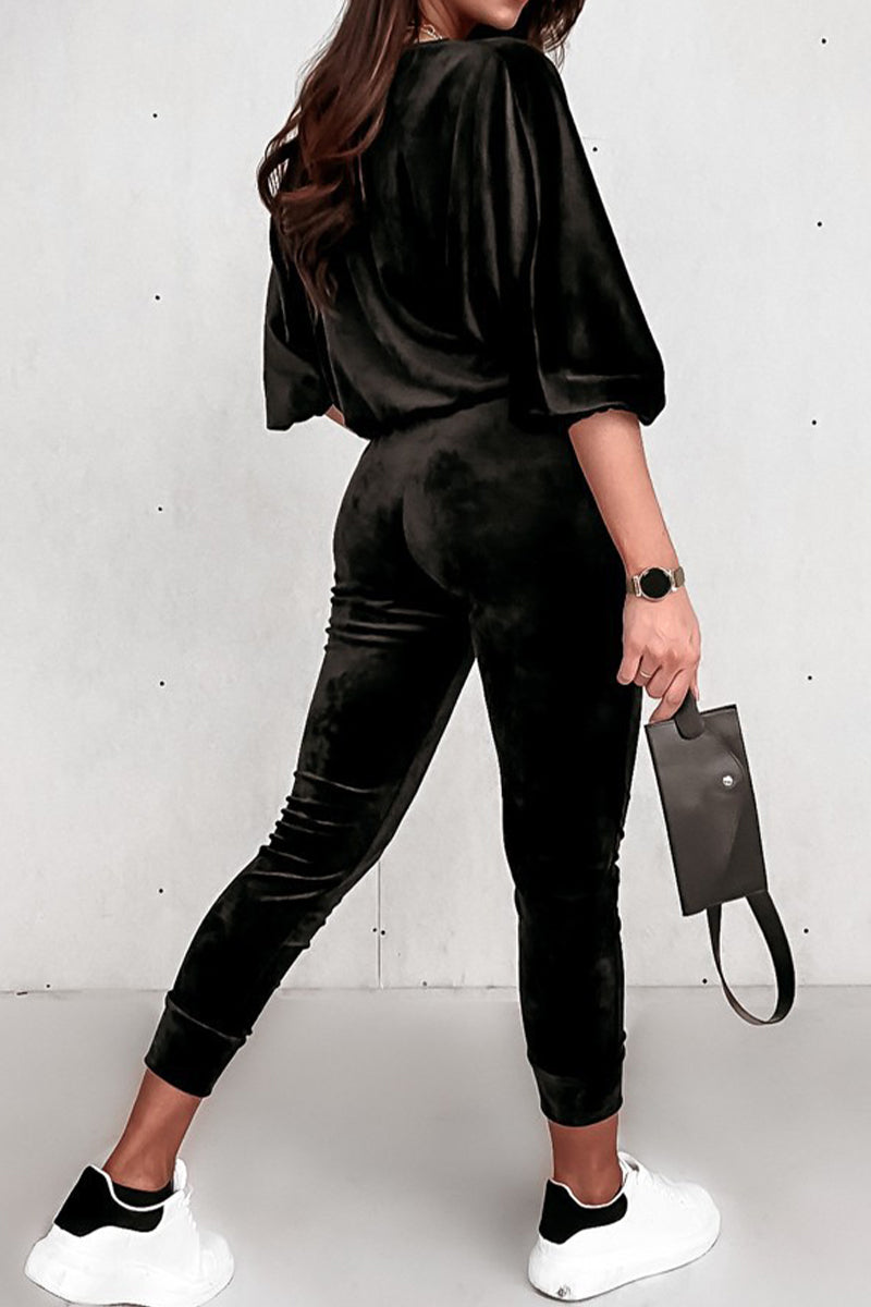 Antmvs Casual Street Solid Zipper V Neck Long Sleeve Two Pieces