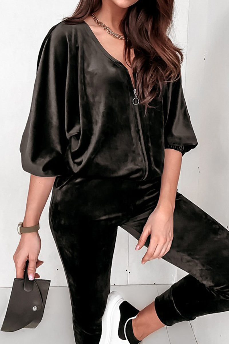 Antmvs Casual Street Solid Zipper V Neck Long Sleeve Two Pieces