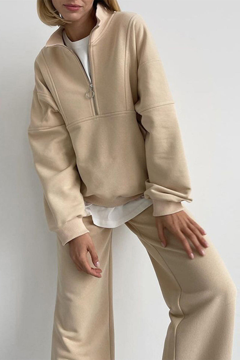 Antmvs Casual Solid Zipper Turndown Collar Long Sleeve Two Pieces(3 Colors)