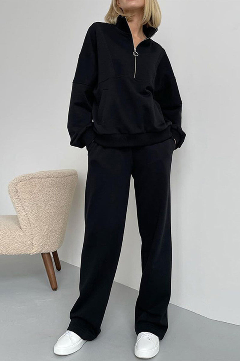 Antmvs Casual Solid Zipper Turndown Collar Long Sleeve Two Pieces(3 Colors)