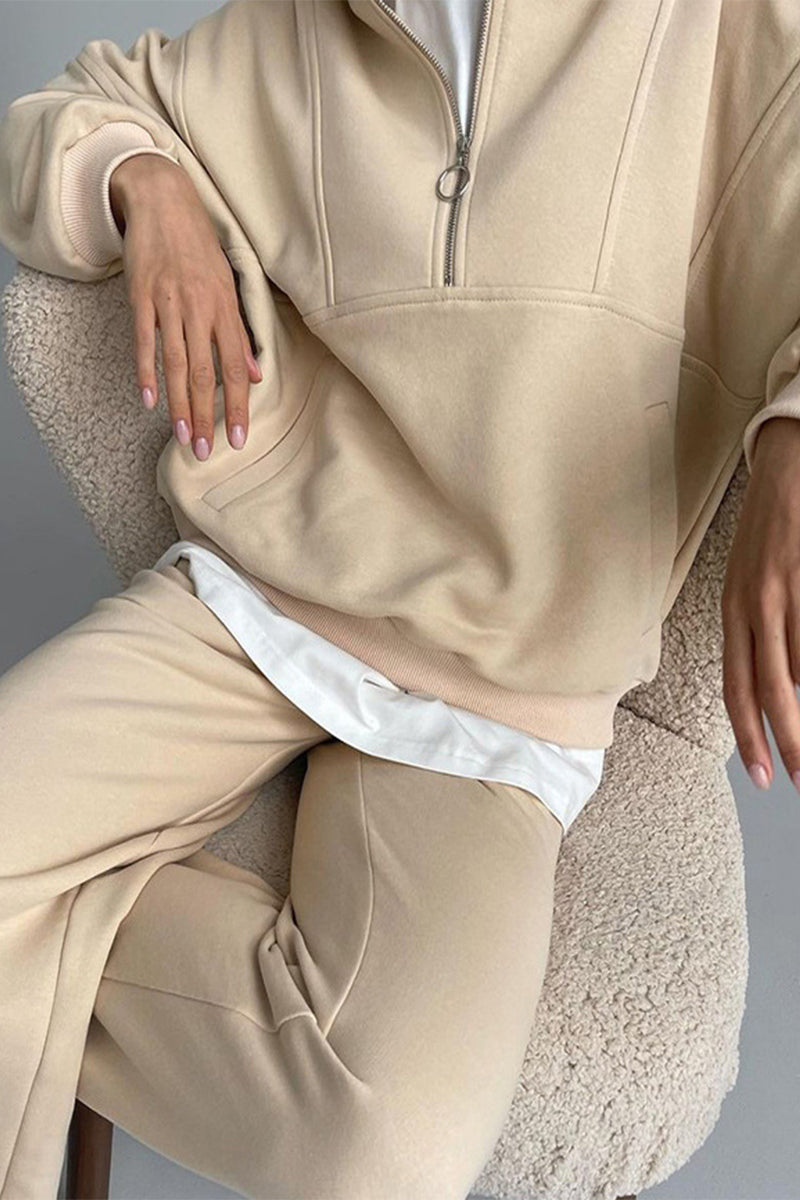 Antmvs Casual Solid Zipper Turndown Collar Long Sleeve Two Pieces(3 Colors)
