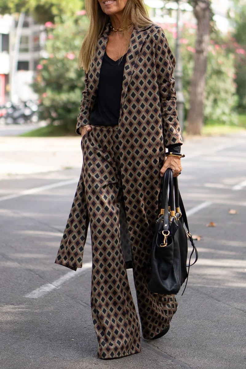 Antmvs Elegant Geometric Print Sequins Printing Cardigan Collar Long Sleeve Two Pieces