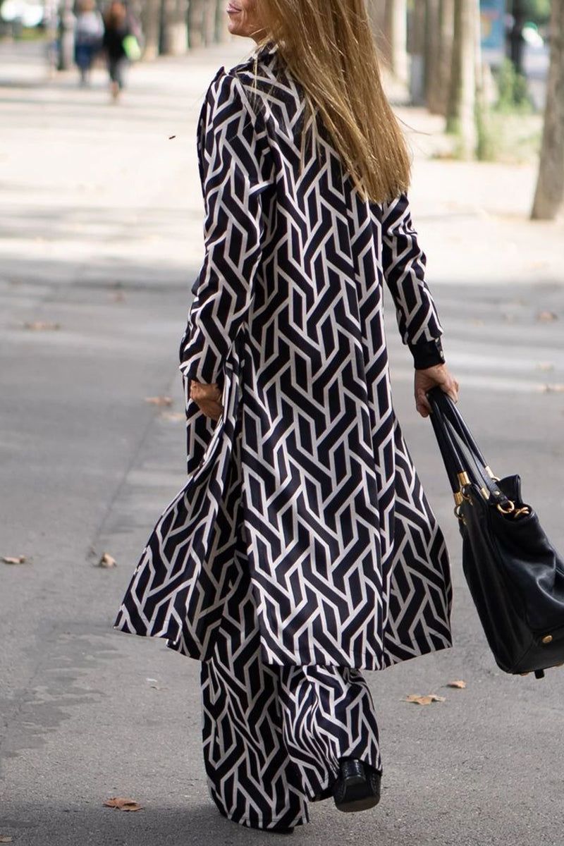 Antmvs Elegant Geometric Print Sequins Printing Cardigan Collar Long Sleeve Two Pieces