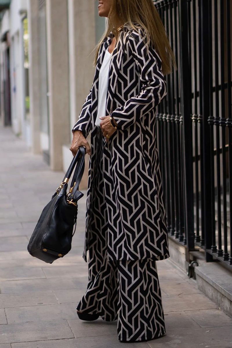 Antmvs Elegant Geometric Print Sequins Printing Cardigan Collar Long Sleeve Two Pieces