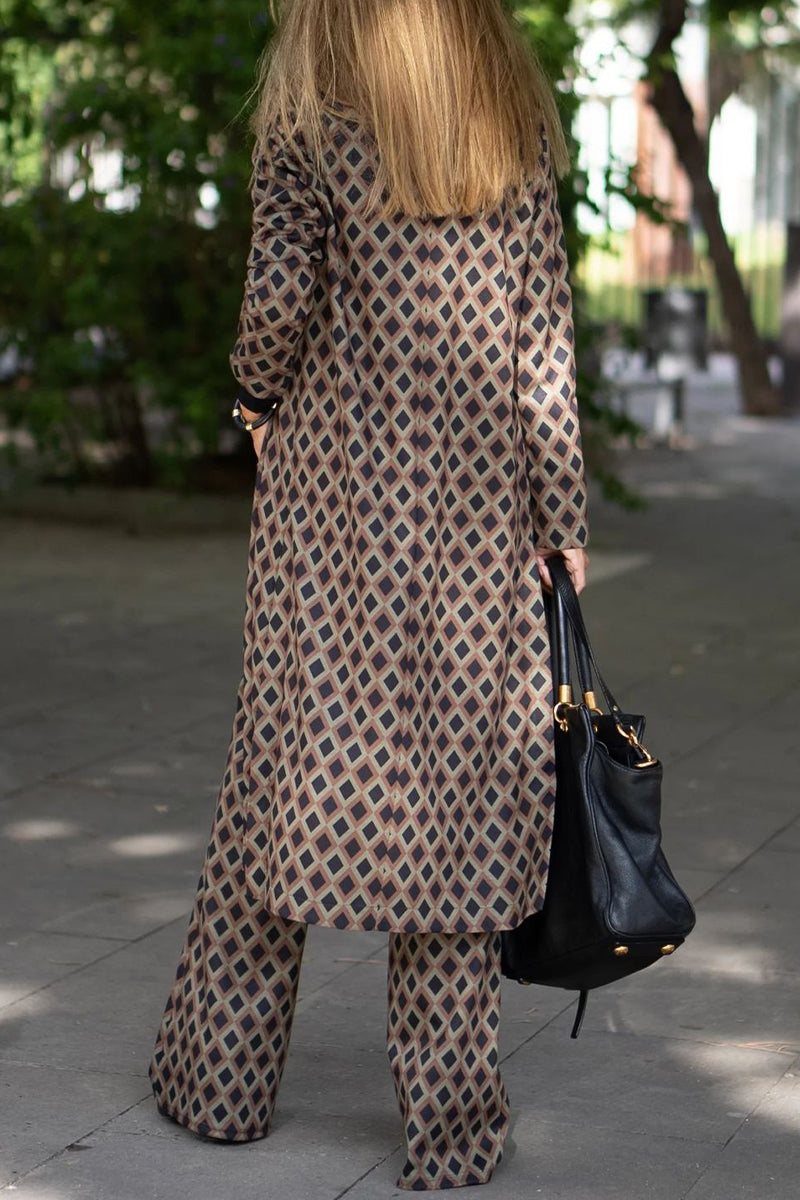 Antmvs Elegant Geometric Print Sequins Printing Cardigan Collar Long Sleeve Two Pieces