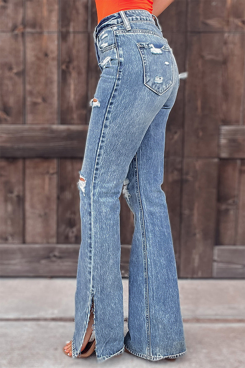 Antmvs Street Solid Ripped Mid Waist Straight Denim Jeans