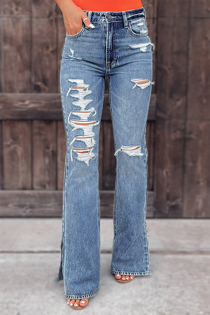 Antmvs Street Solid Ripped Mid Waist Straight Denim Jeans