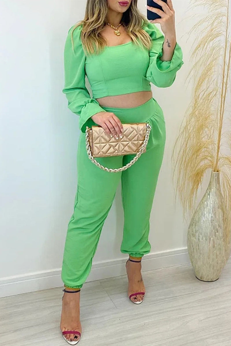 Antmvs Sweet Elegant Solid Frenulum U Neck Long Sleeve Two Pieces