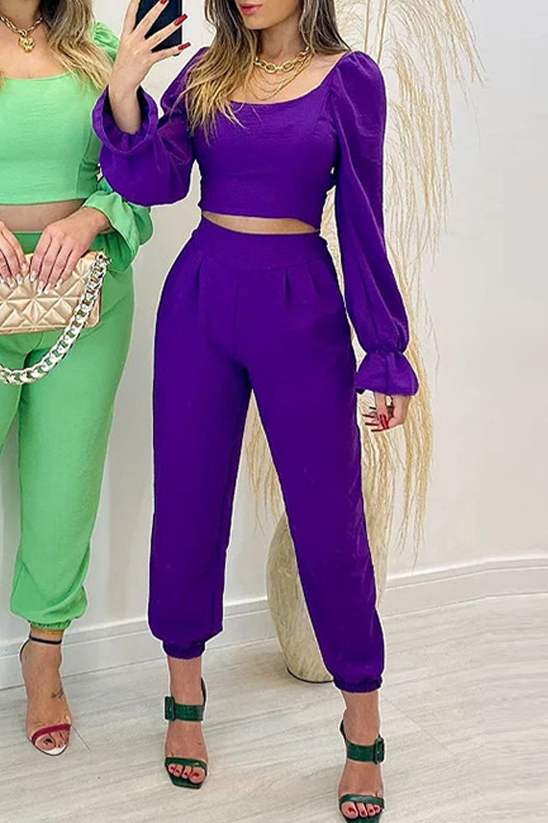 Antmvs Sweet Elegant Solid Frenulum U Neck Long Sleeve Two Pieces