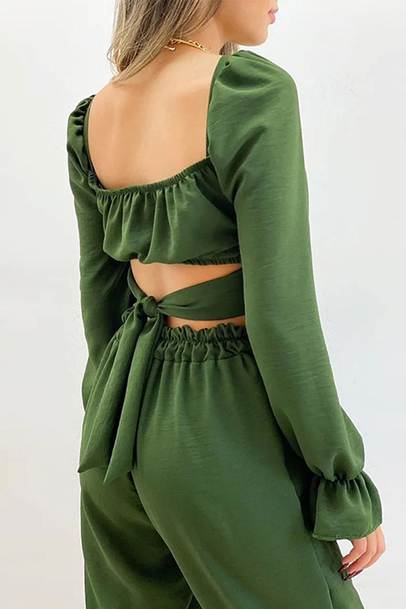 Antmvs Sweet Elegant Solid Frenulum U Neck Long Sleeve Two Pieces