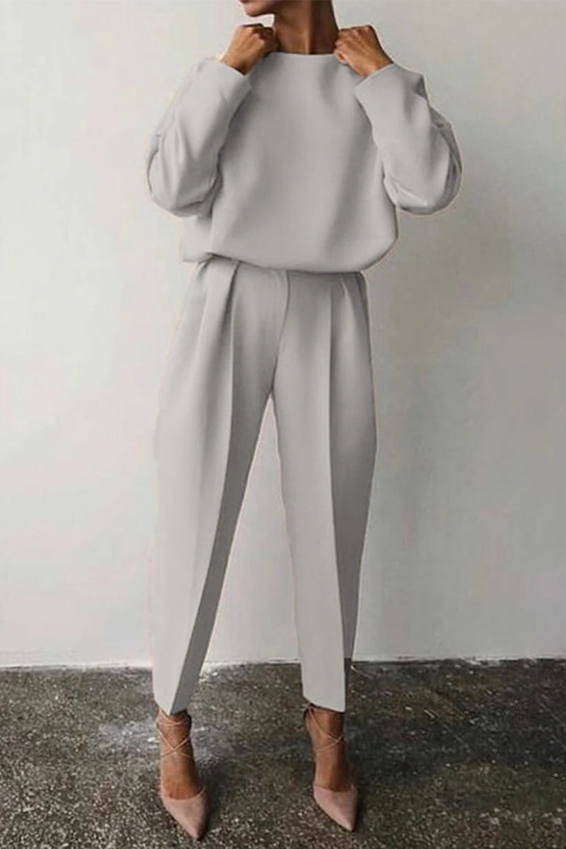 Antmvs Casual Solid Solid Color O Neck Long Sleeve Two Pieces