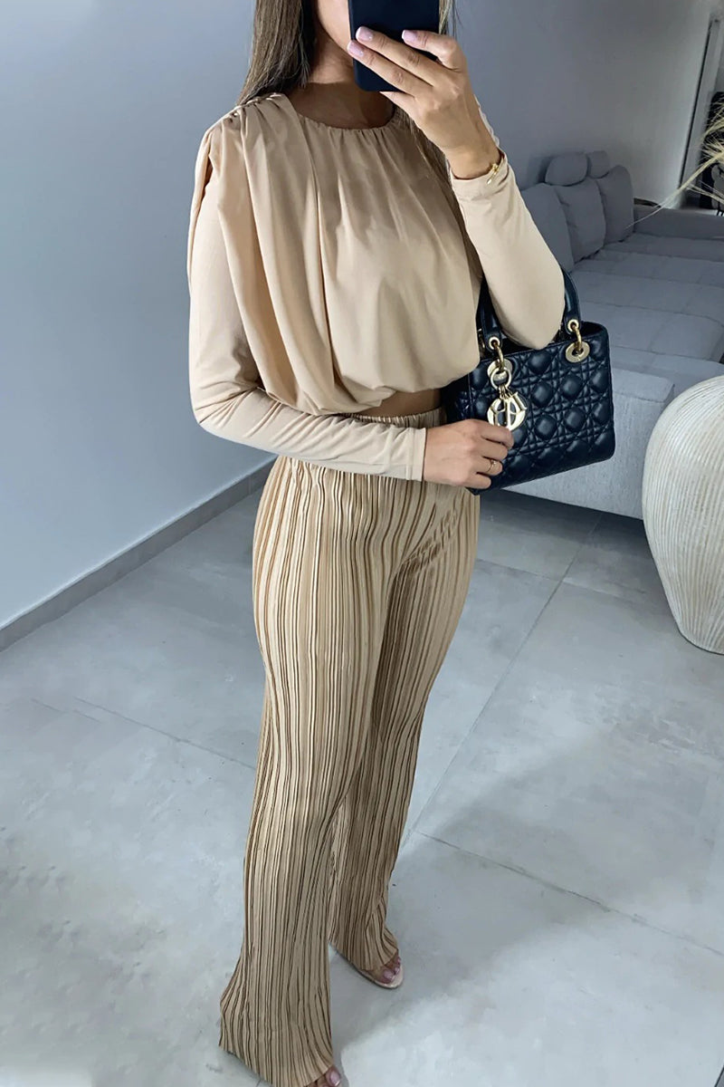 Antmvs Solid O Neck Long Sleeve Two Pieces