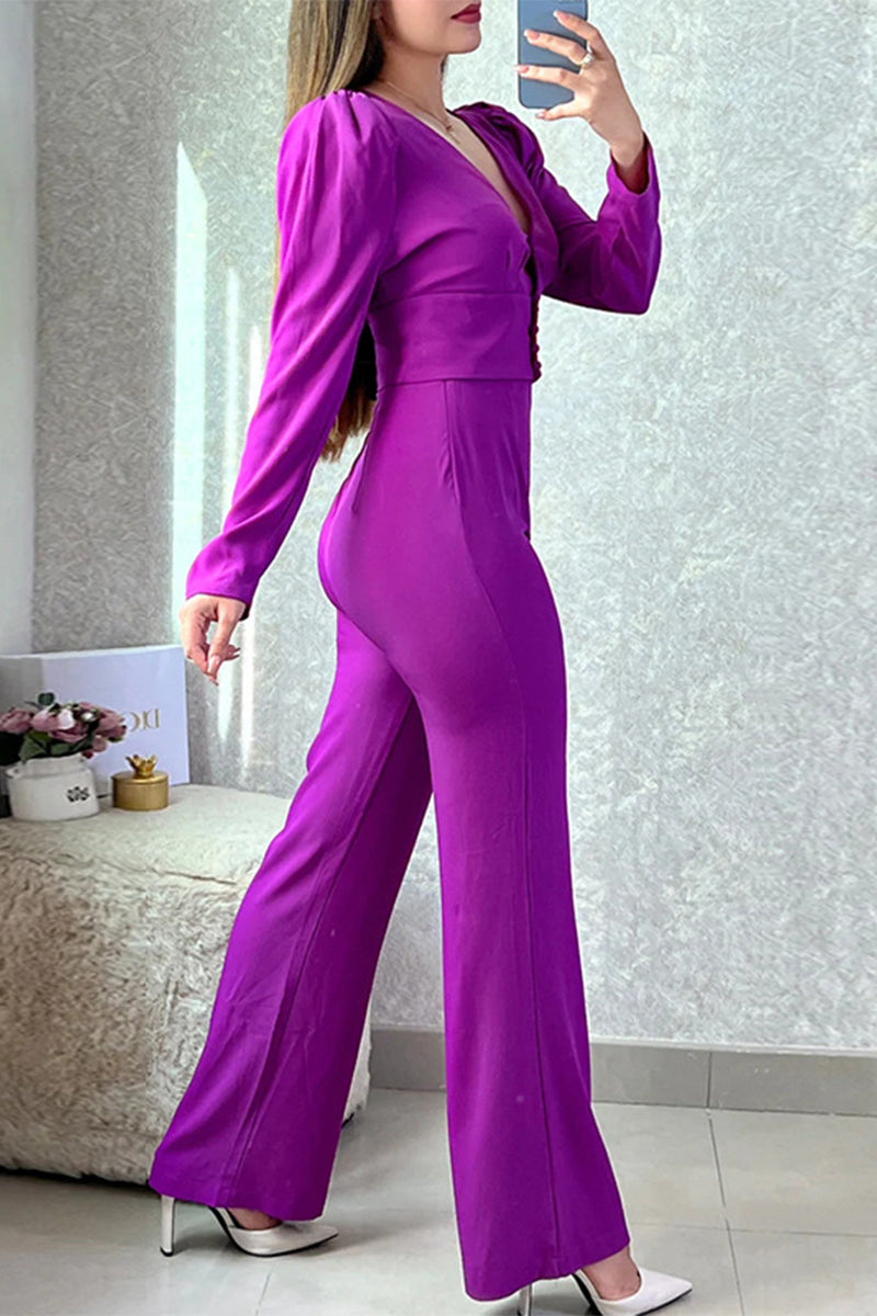 Antmvs Elegant Solid Buttons Solid Color V Neck Long Sleeve Two Pieces
