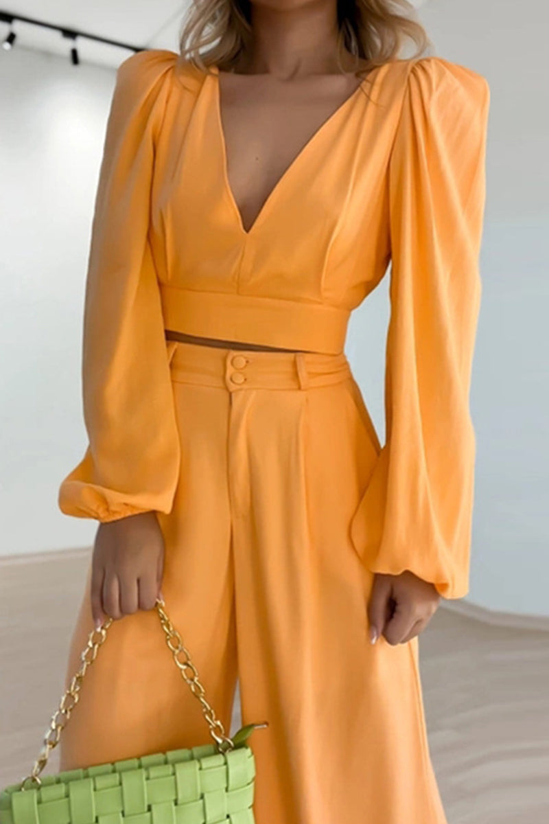 Antmvs Work Elegant Solid Buttons Solid Color V Neck Long Sleeve Two Pieces