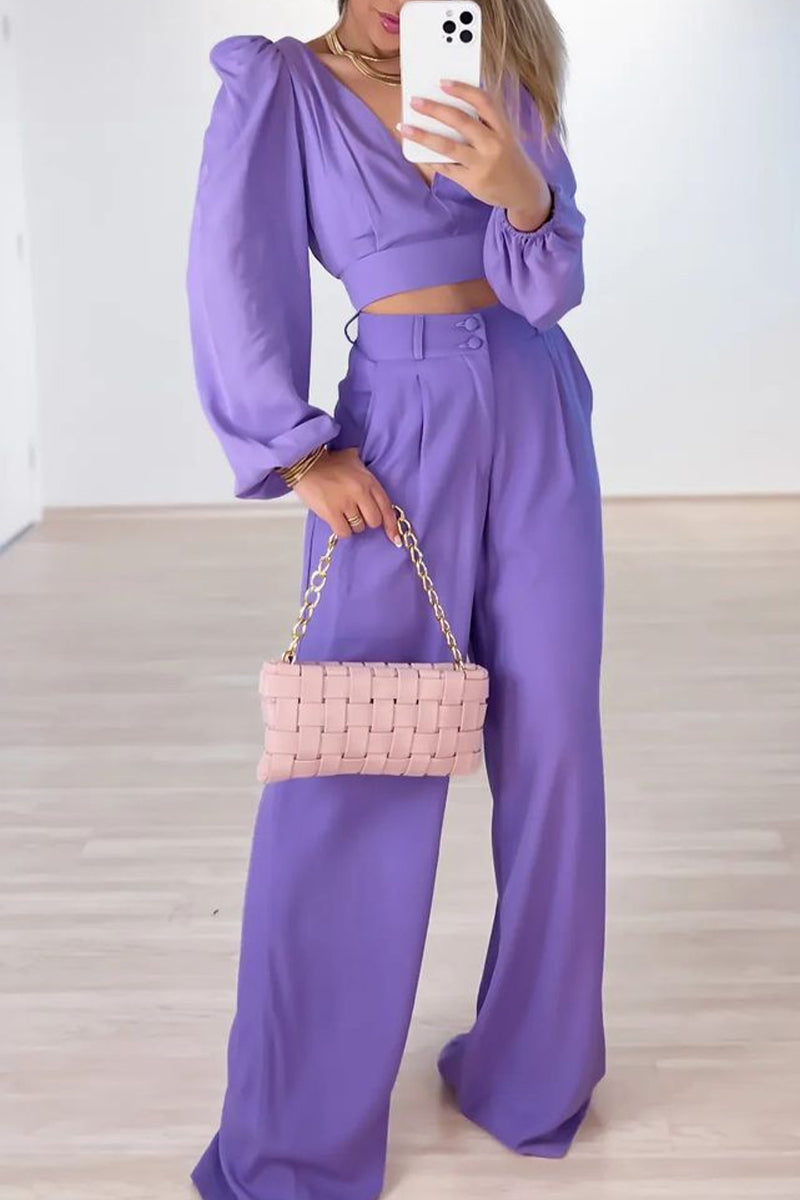 Antmvs Work Elegant Solid Buttons Solid Color V Neck Long Sleeve Two Pieces