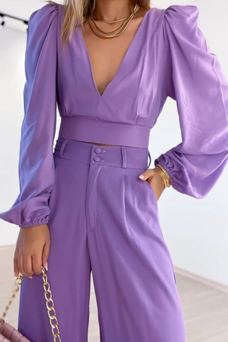 Antmvs Work Elegant Solid Buttons Solid Color V Neck Long Sleeve Two Pieces