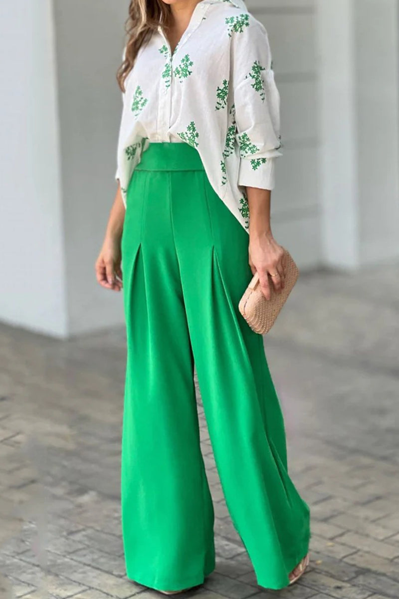 Antmvs Casual Floral Printing Turndown Collar Long Sleeve Two Pieces