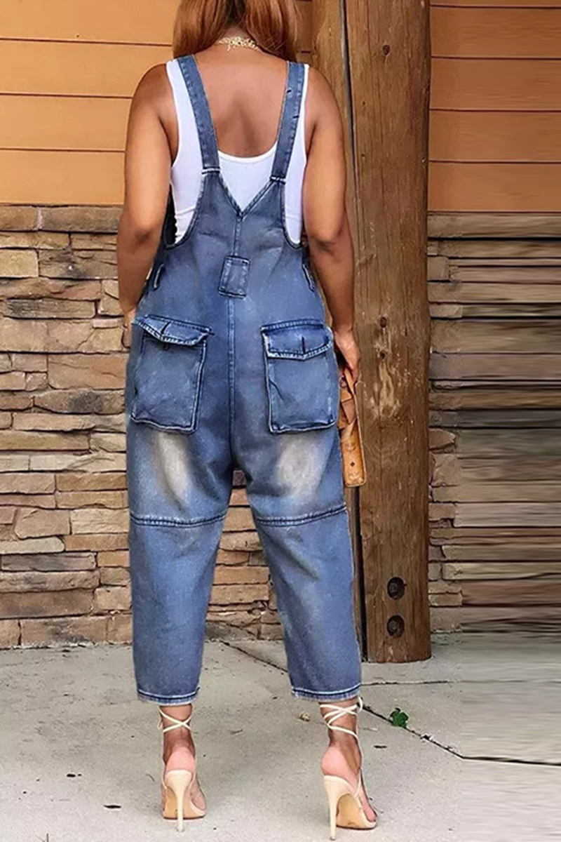 Antmvs Street Solid Patch Button Square Neck Pocket Straight Jumpsuit