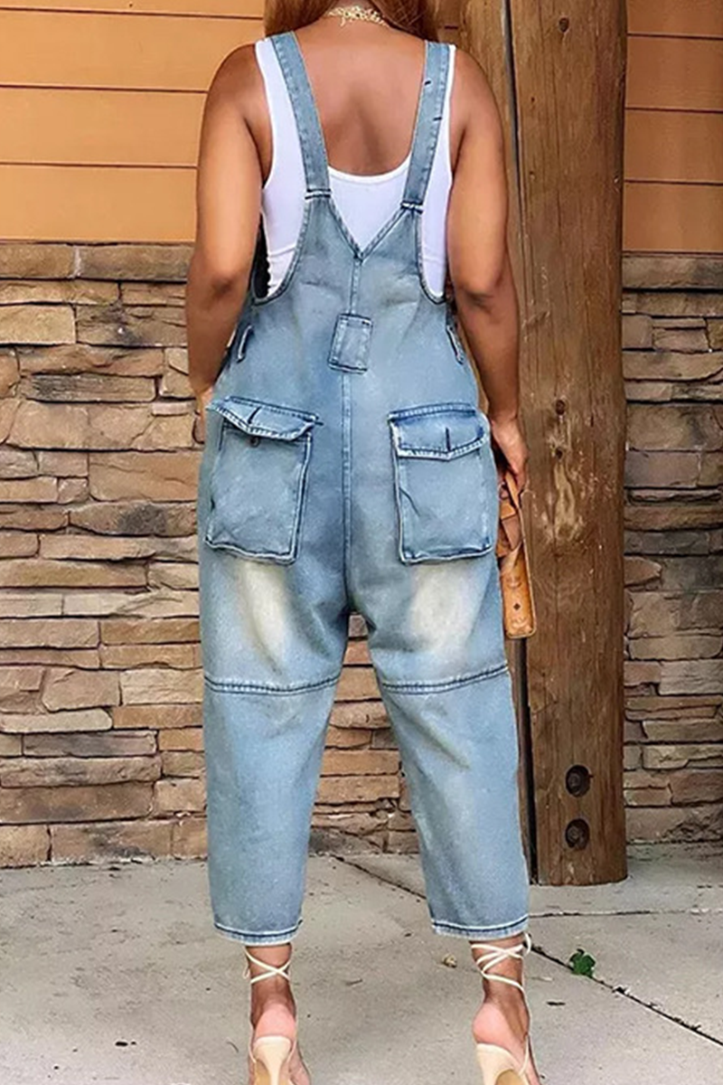 Antmvs Street Solid Patch Button Square Neck Pocket Straight Jumpsuit