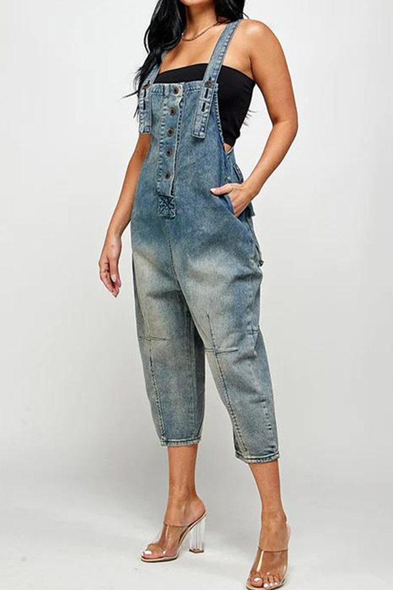 Antmvs Street Solid Patch Button Square Neck Pocket Straight Jumpsuit