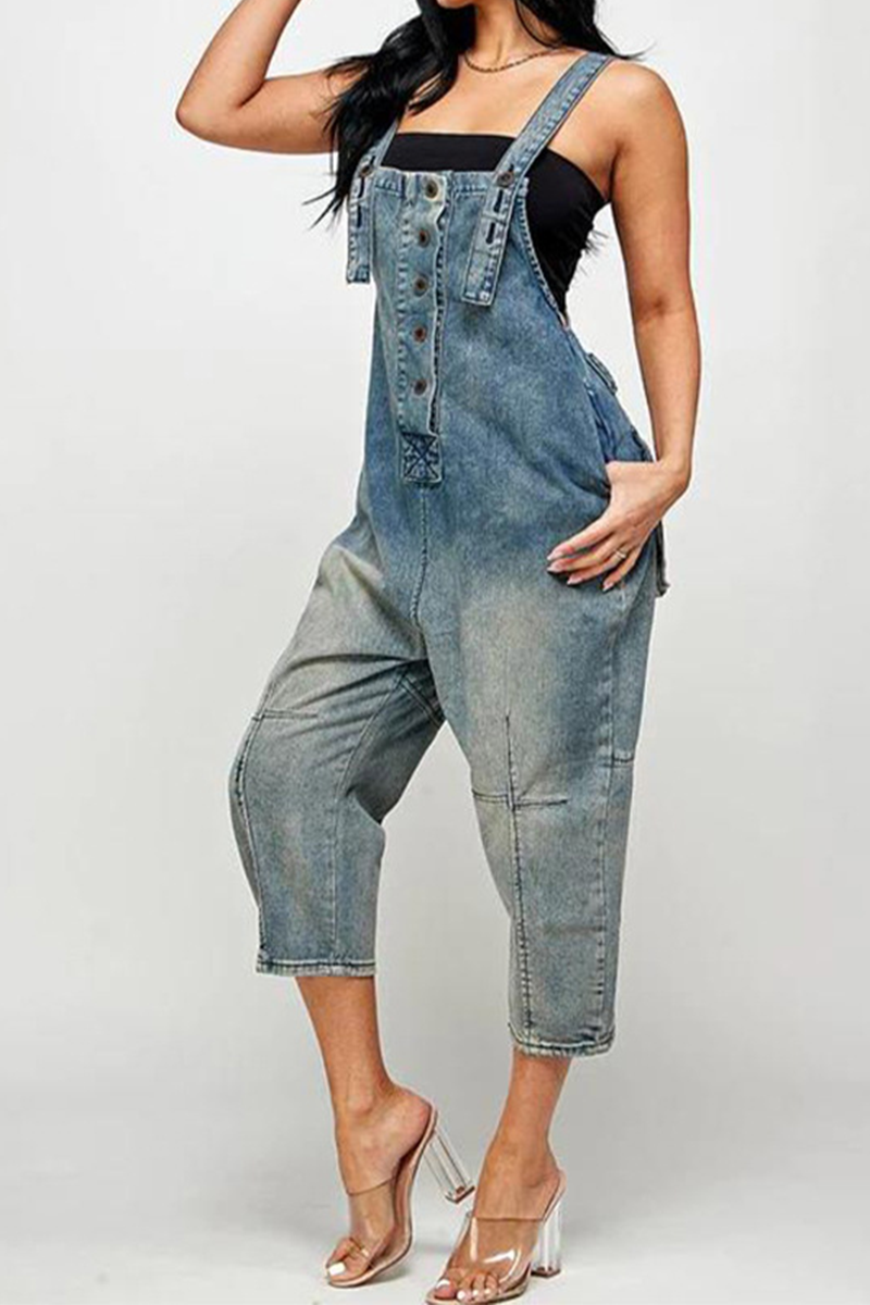 Antmvs Street Solid Patch Button Square Neck Pocket Straight Jumpsuit