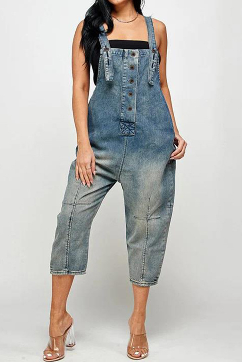 Antmvs Street Solid Patch Button Square Neck Pocket Straight Jumpsuit
