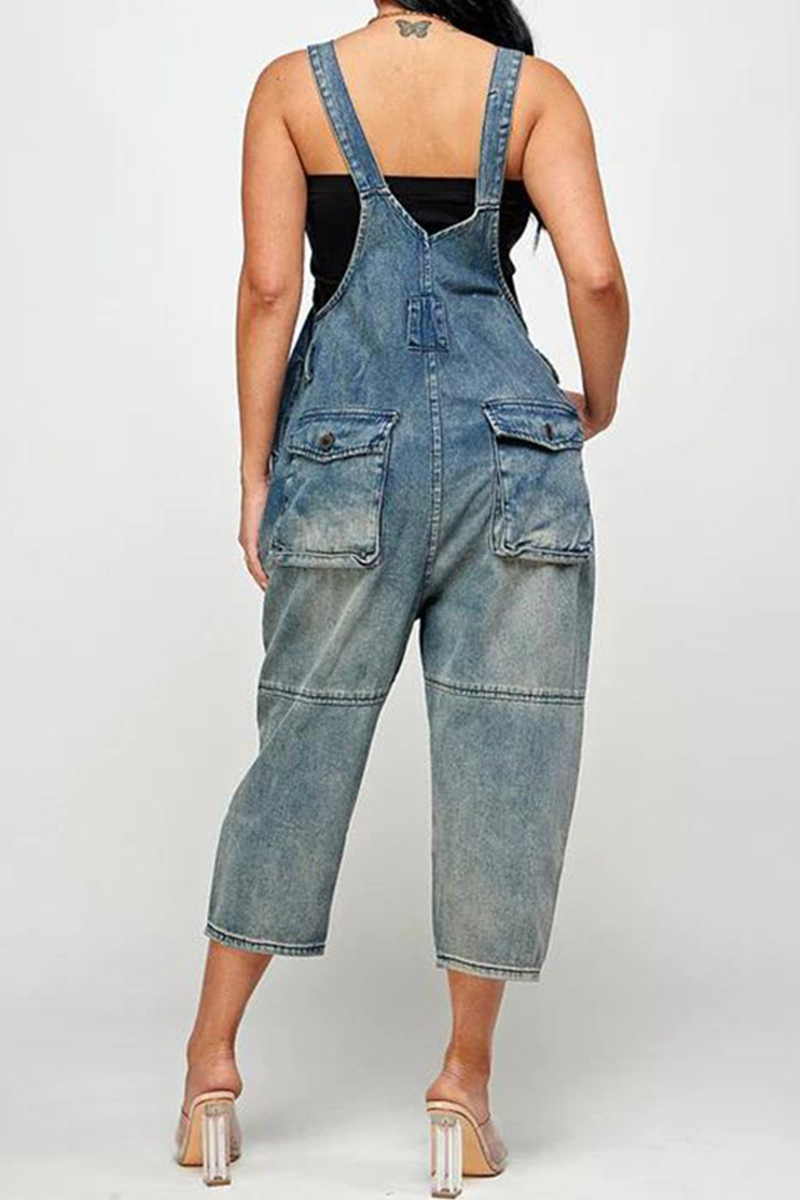 Antmvs Street Solid Patch Button Square Neck Pocket Straight Jumpsuit