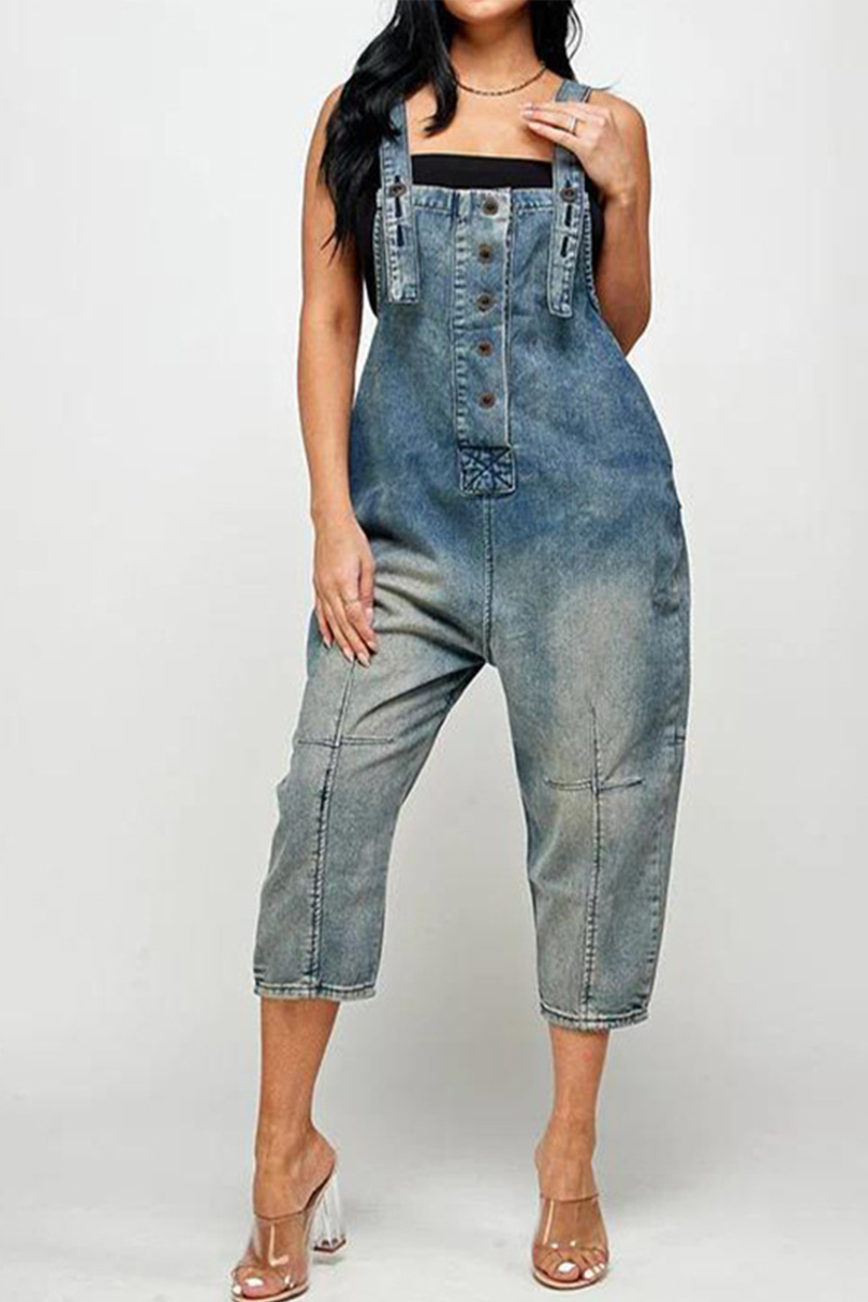 Antmvs Street Solid Patch Button Square Neck Pocket Straight Jumpsuit