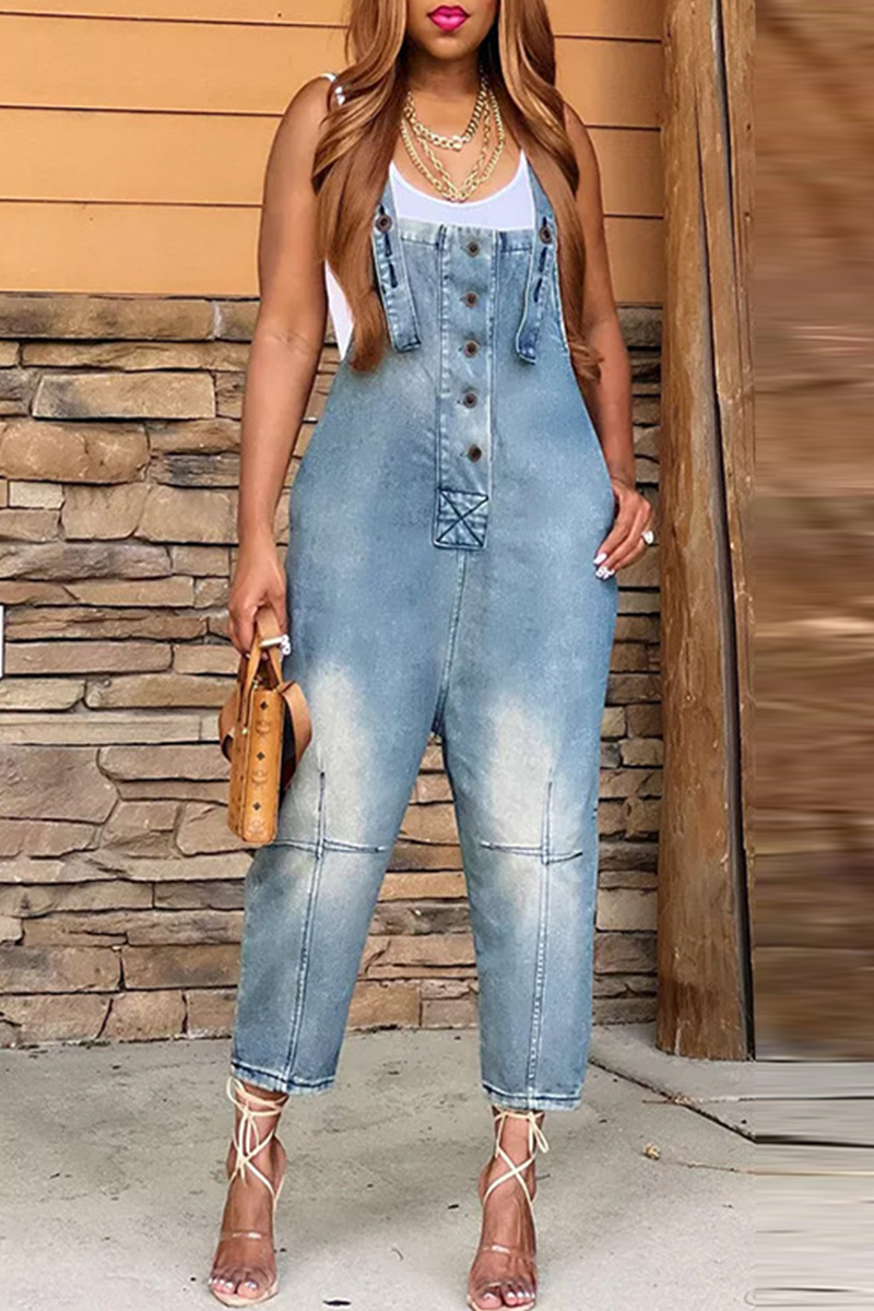 Antmvs Street Solid Patch Button Square Neck Pocket Straight Jumpsuit