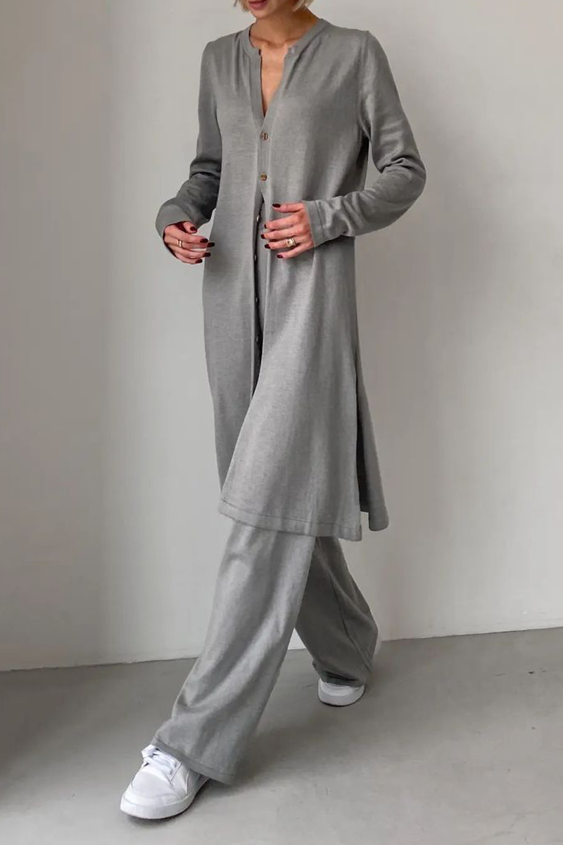 Antmvs Casual Solid Buckle Cardigan Collar Long Sleeve Two Pieces