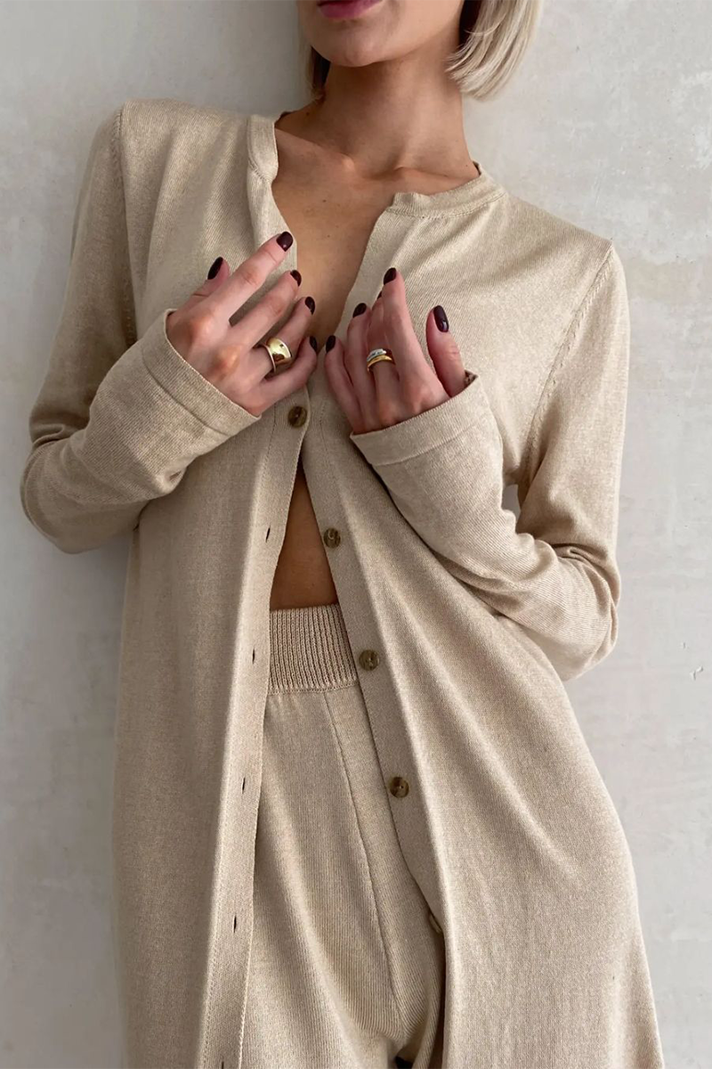 Antmvs Casual Solid Buckle Cardigan Collar Long Sleeve Two Pieces