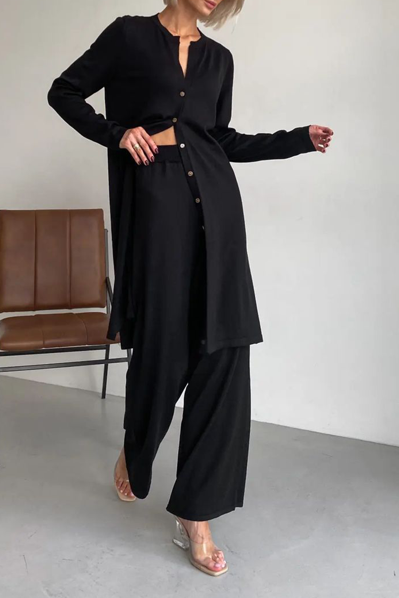 Antmvs Casual Solid Buckle Cardigan Collar Long Sleeve Two Pieces