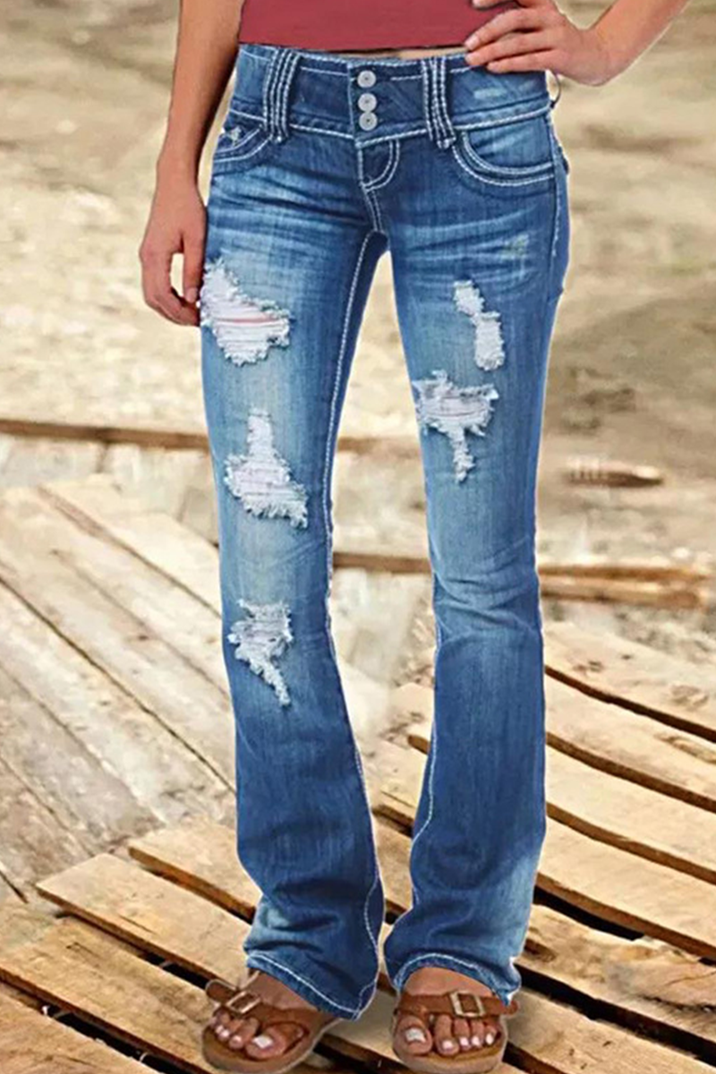 Antmvs Street Patchwork Ripped High Waist Boot Cut Denim Jeans