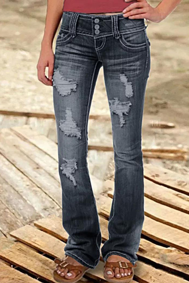 Antmvs Street Patchwork Ripped High Waist Boot Cut Denim Jeans