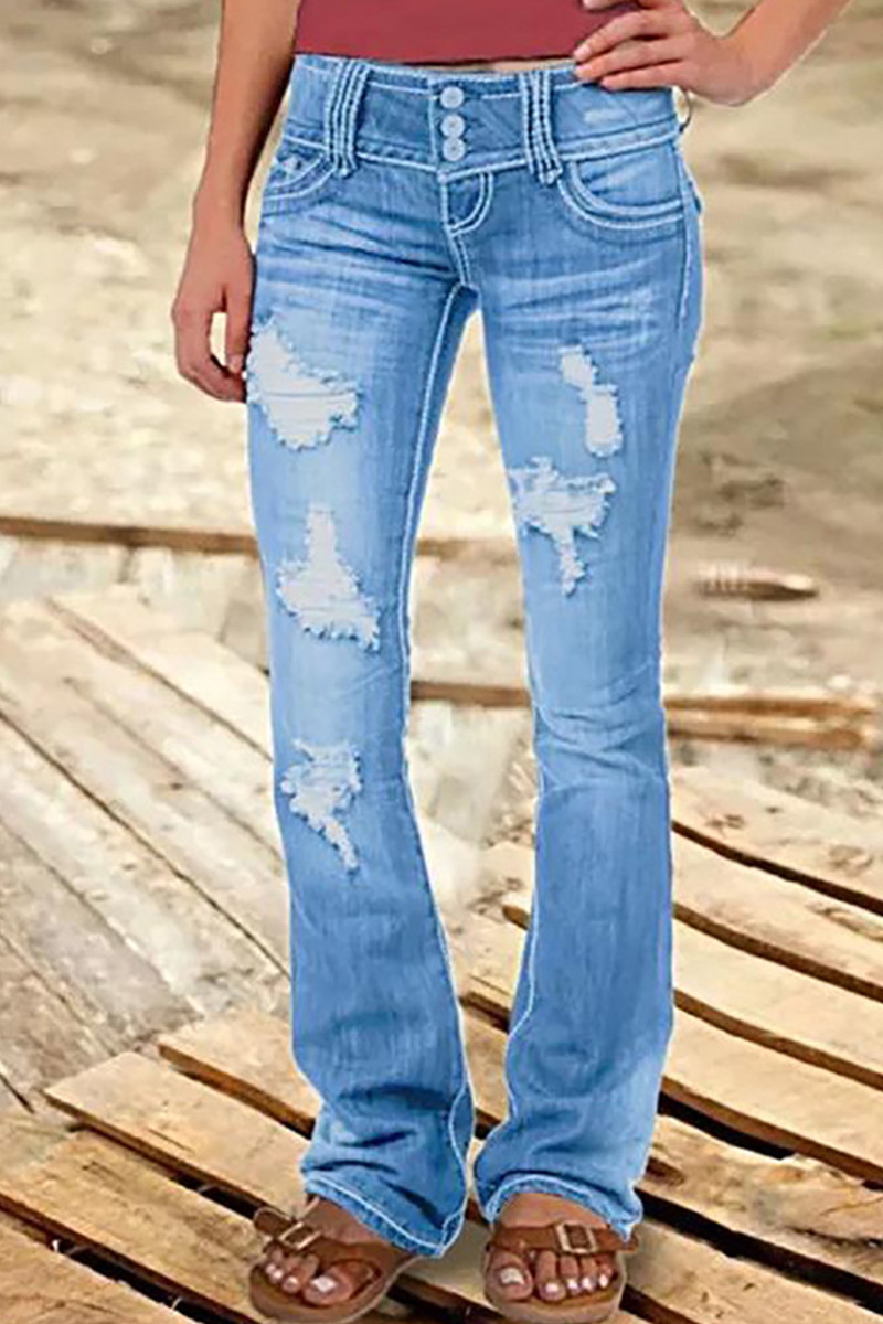 Antmvs Street Patchwork Ripped High Waist Boot Cut Denim Jeans