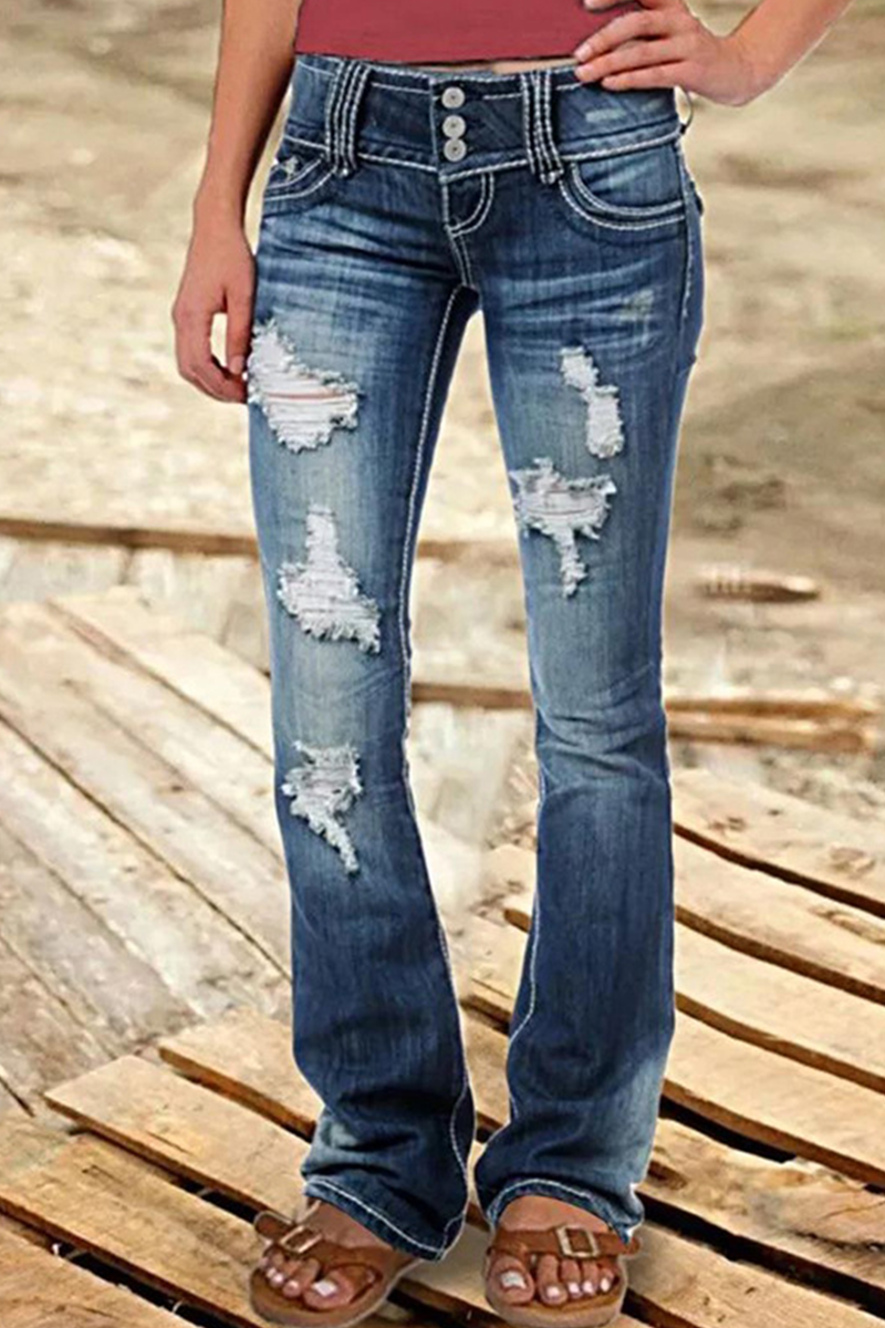 Antmvs Street Patchwork Ripped High Waist Boot Cut Denim Jeans
