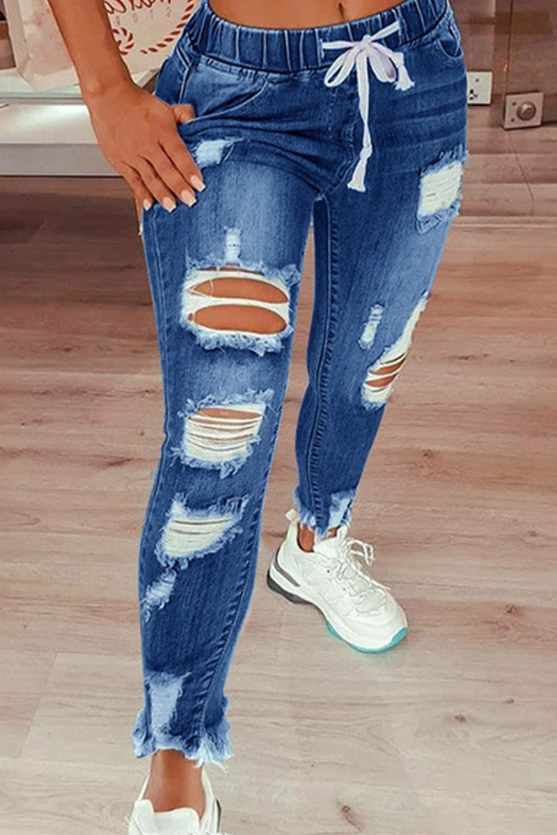 Antmvs Street Solid Ripped Draw String Skinny Denim Jeans