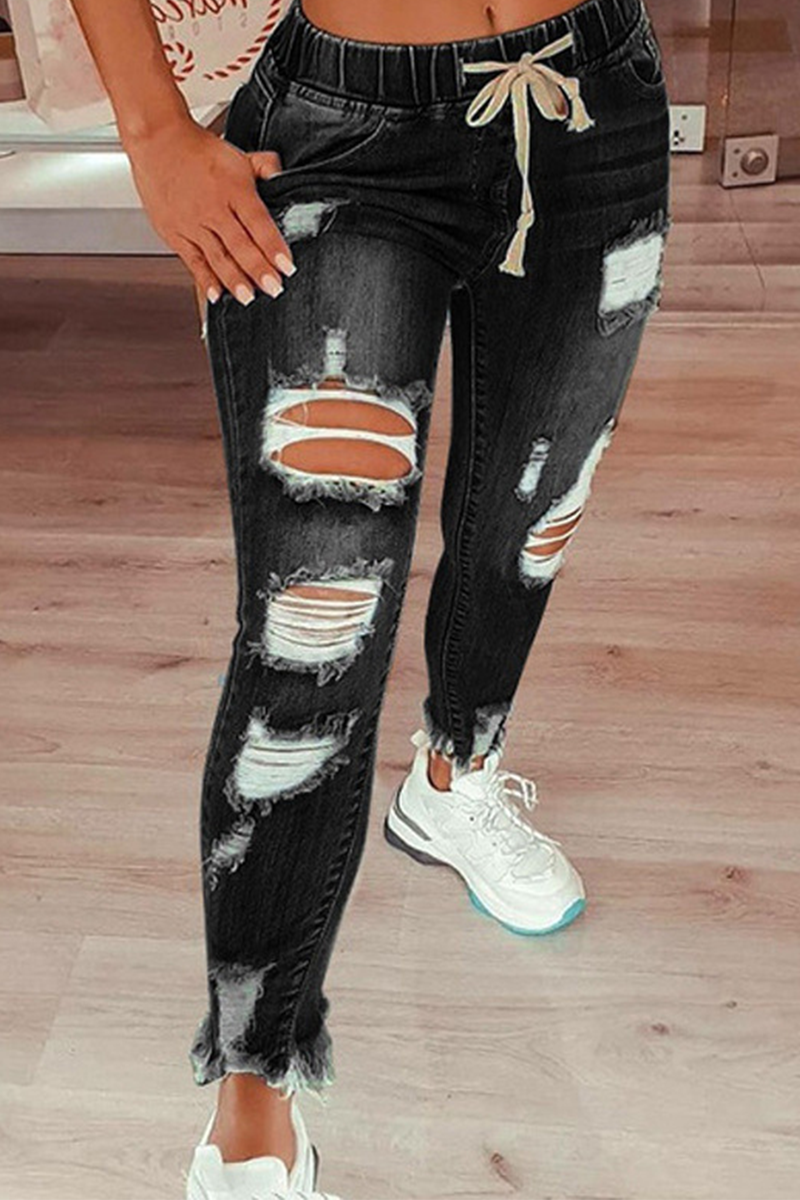 Antmvs Street Solid Ripped Draw String Skinny Denim Jeans