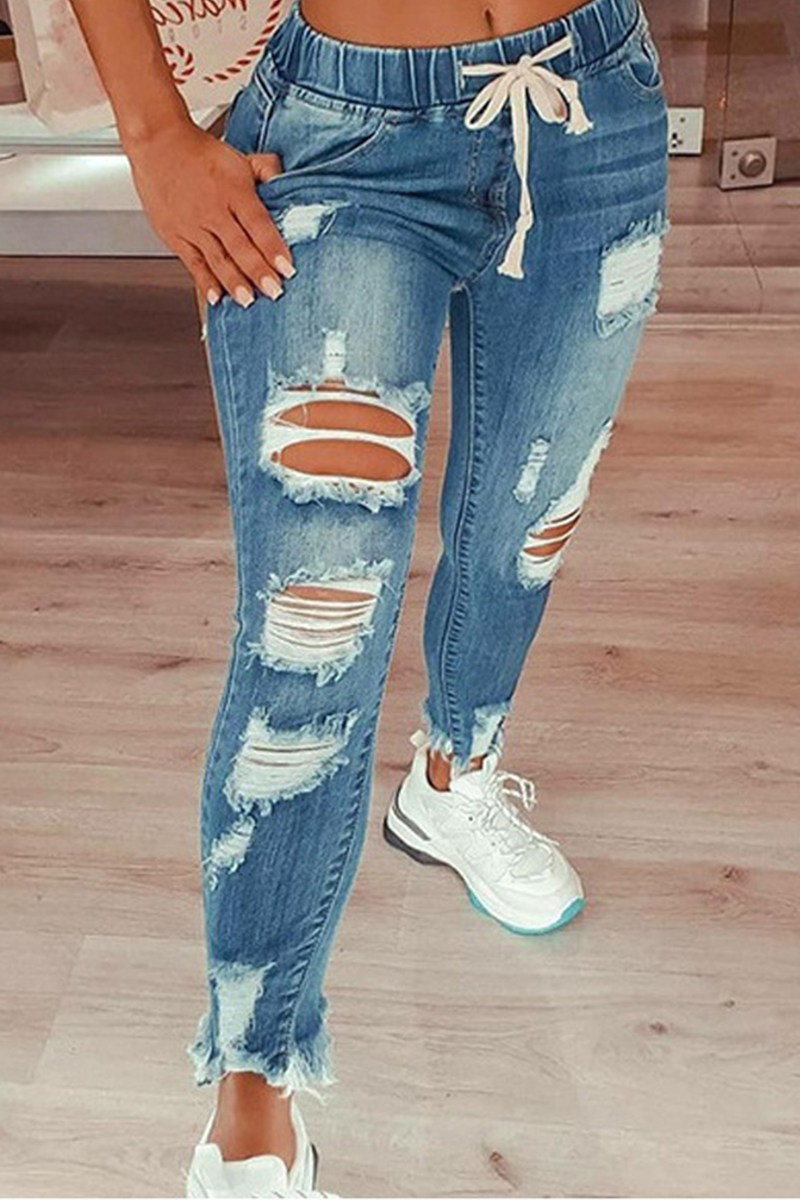 Antmvs Street Solid Ripped Draw String Skinny Denim Jeans