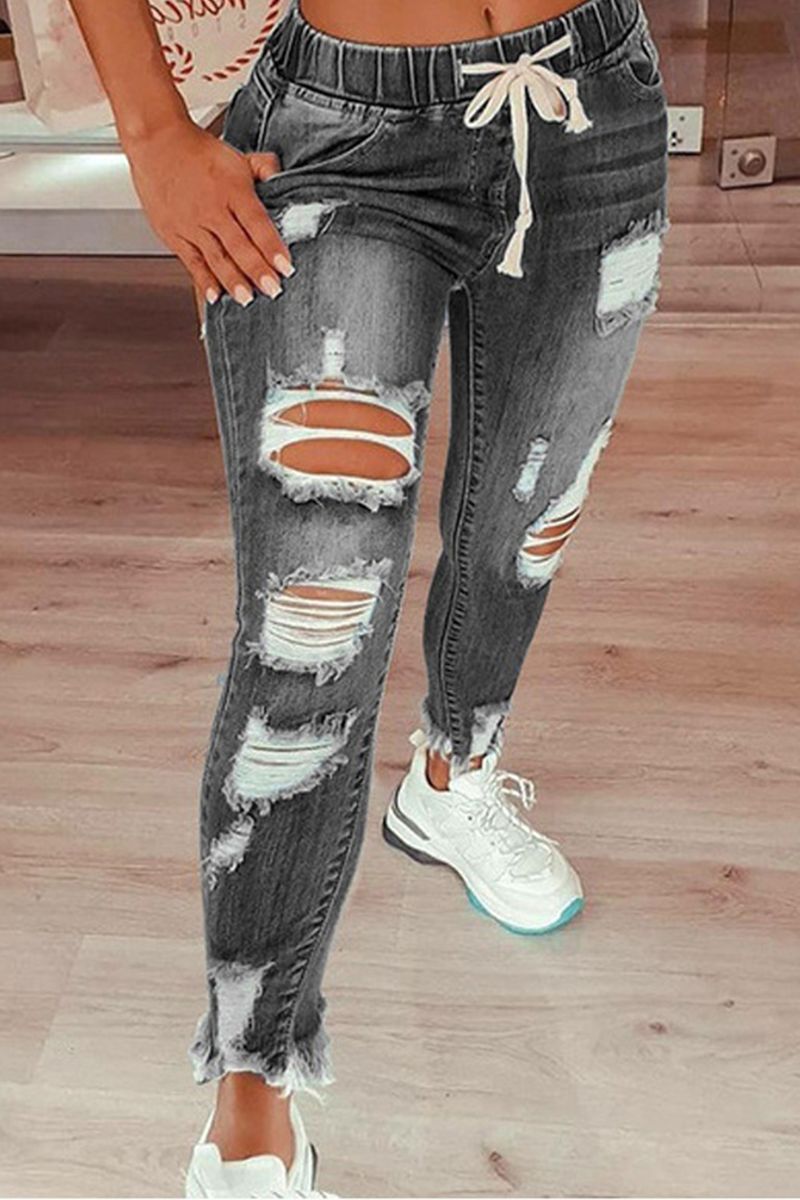Antmvs Street Solid Ripped Draw String Skinny Denim Jeans