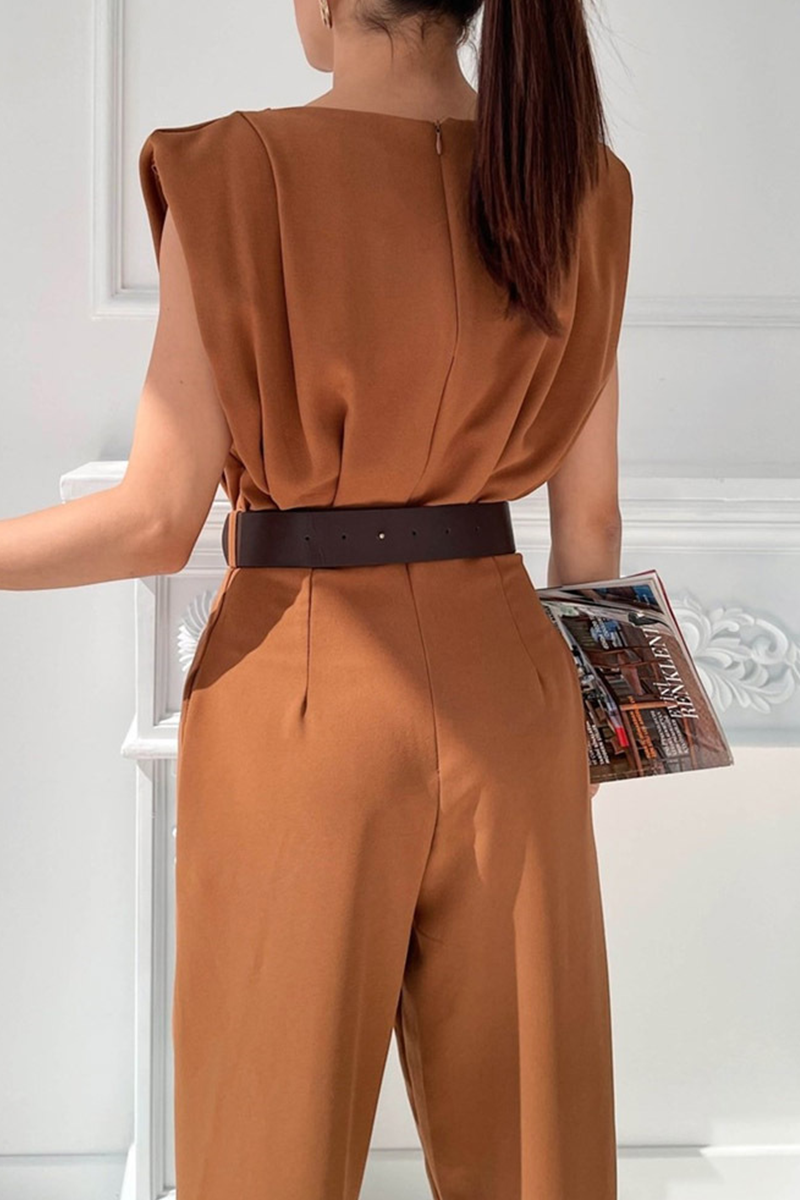 Antmvs Street Crew Neck Pad Sleeveless Waist Jumpsuit(3 Colors)