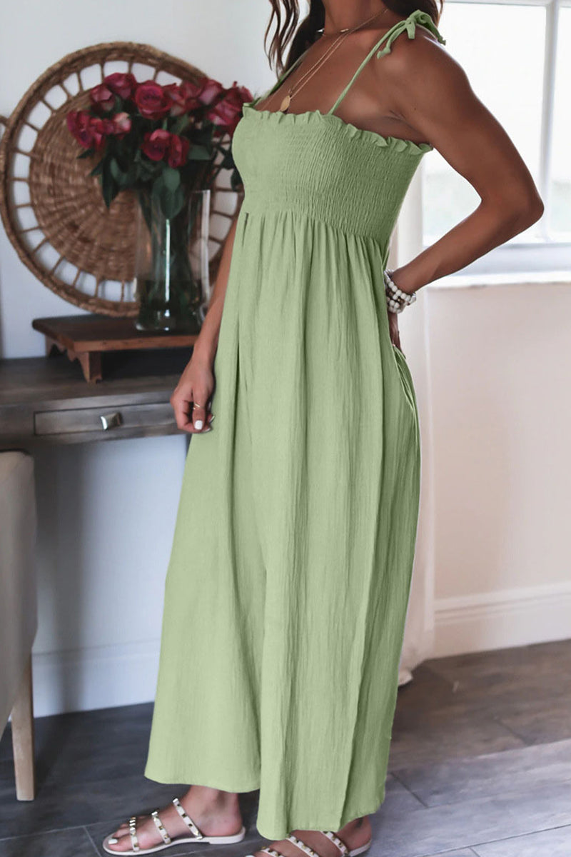 Antmvs Elegant Solid Frenulum Solid Color Spaghetti Strap Loose Jumpsuits