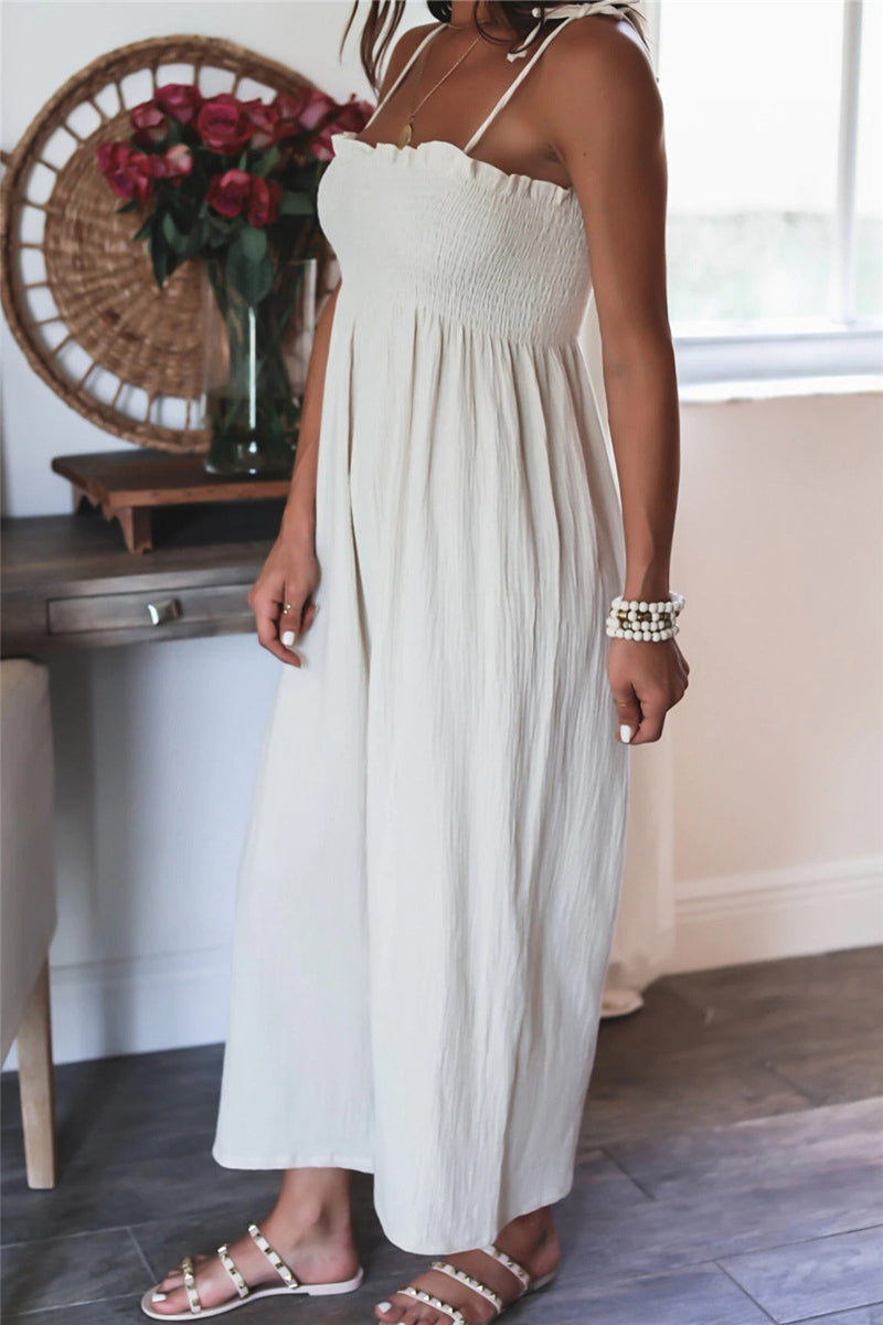 Antmvs Elegant Solid Frenulum Solid Color Spaghetti Strap Loose Jumpsuits