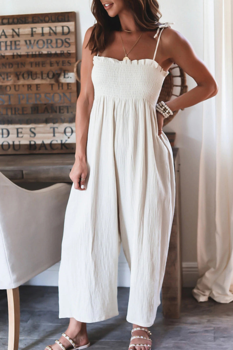 Antmvs Elegant Solid Frenulum Solid Color Spaghetti Strap Loose Jumpsuits