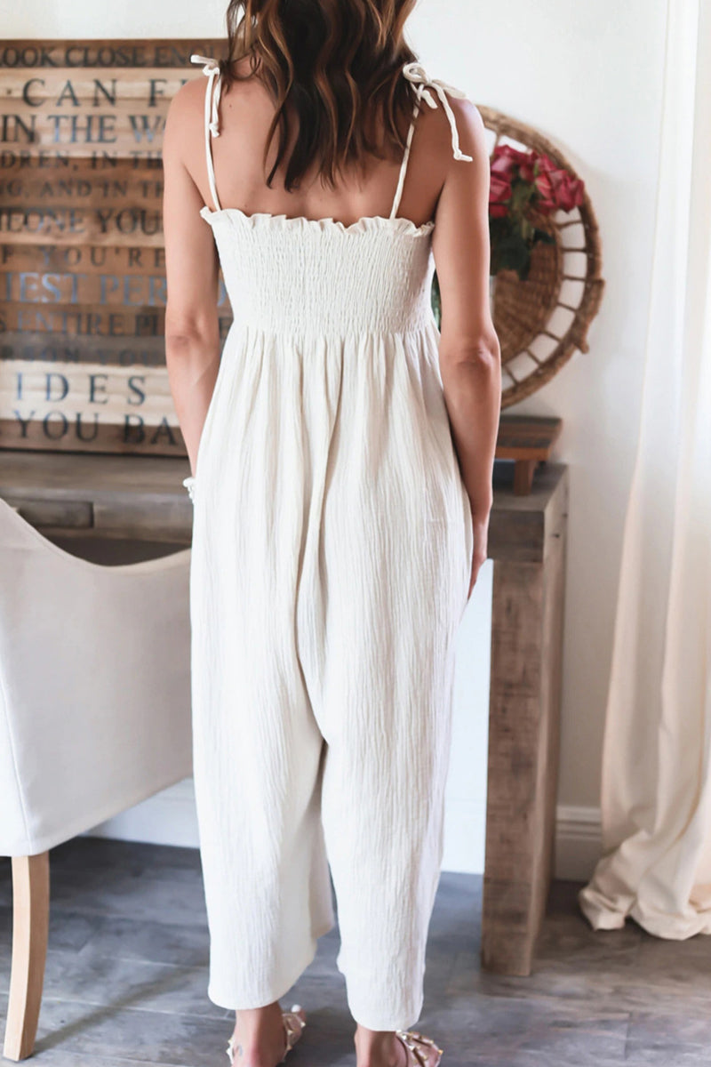 Antmvs Elegant Solid Frenulum Solid Color Spaghetti Strap Loose Jumpsuits