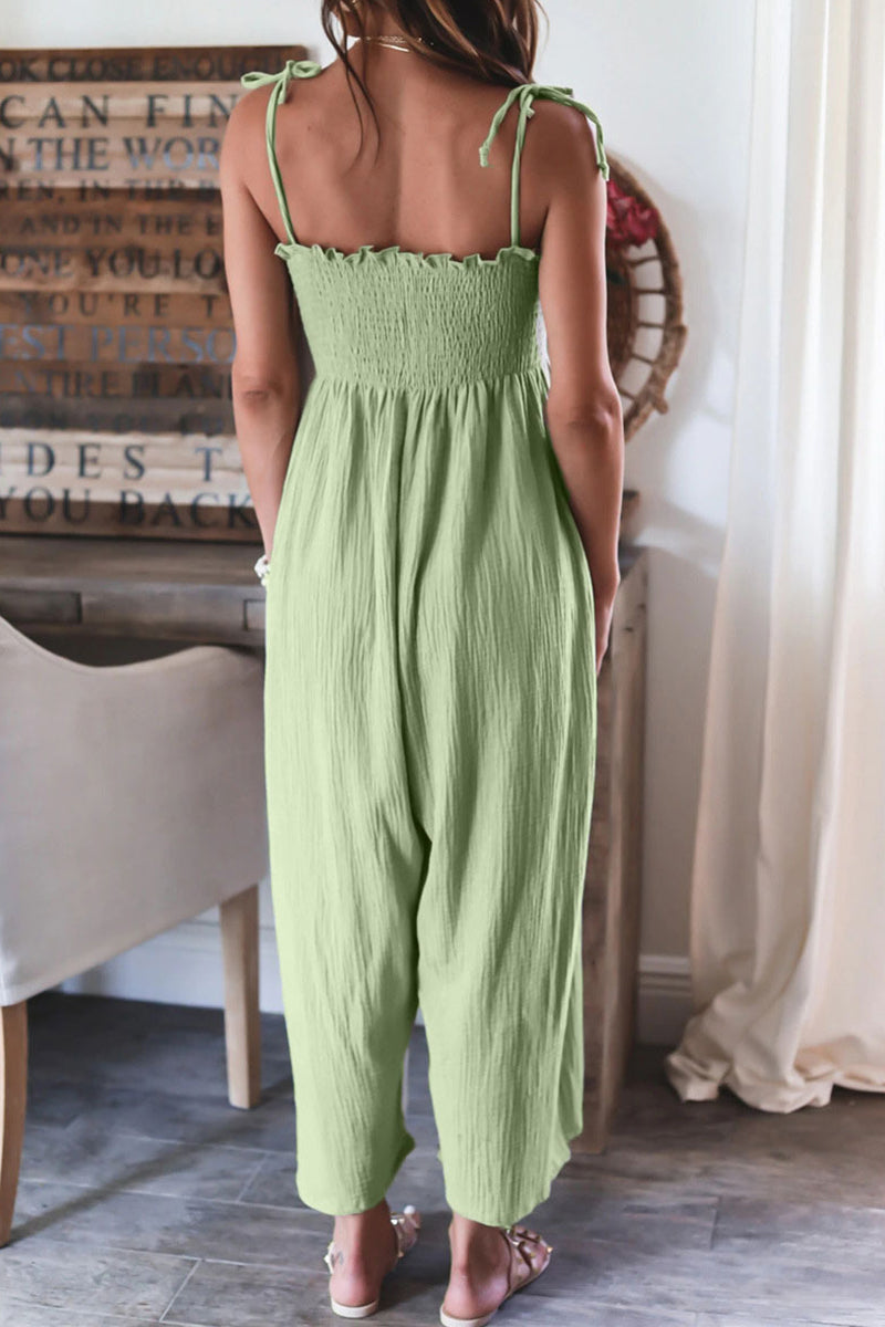 Antmvs Elegant Solid Frenulum Solid Color Spaghetti Strap Loose Jumpsuits