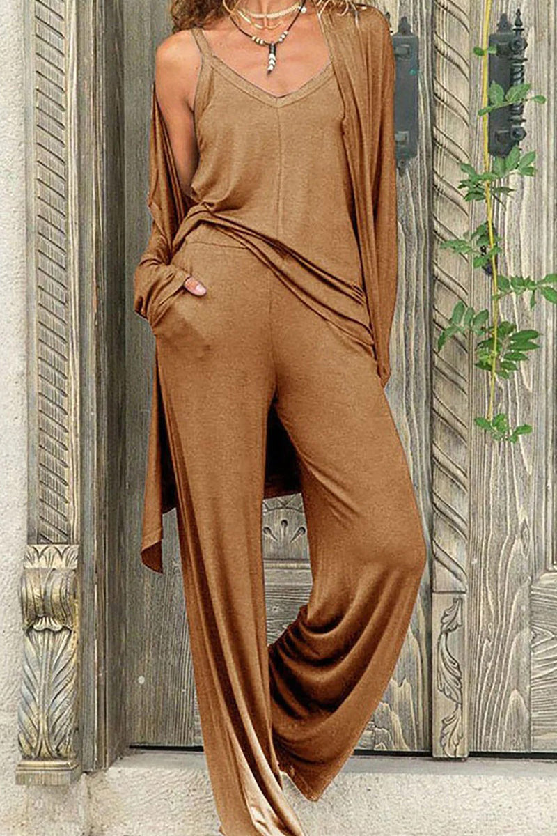 Antmvs Casual Solid Solid Color V Neck Long Sleeve Two Pieces