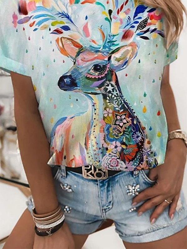 Cotton-Blend Short Sleeve Casual Printed Shirts & Tops